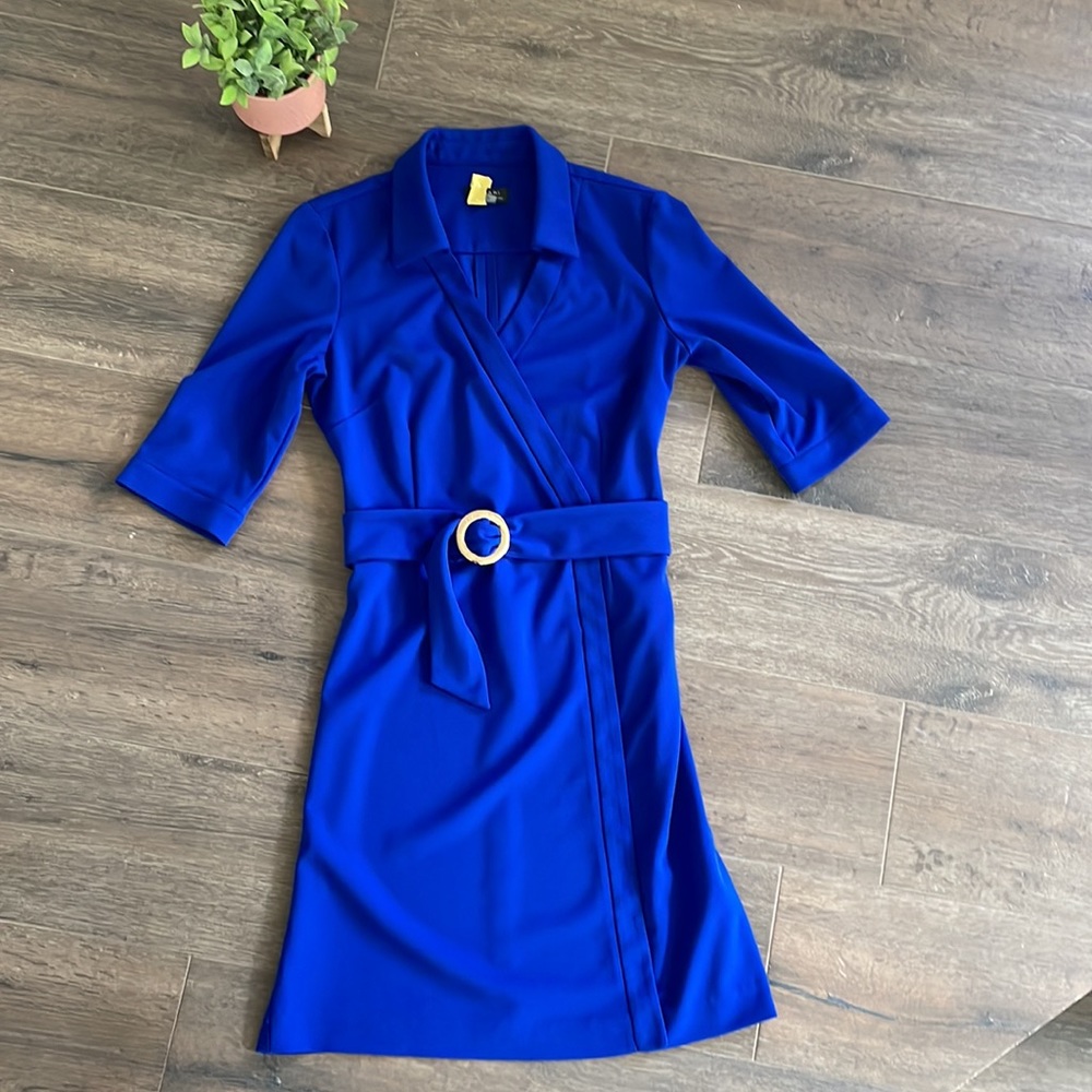 Blue Tahari faux wrap dress with belt